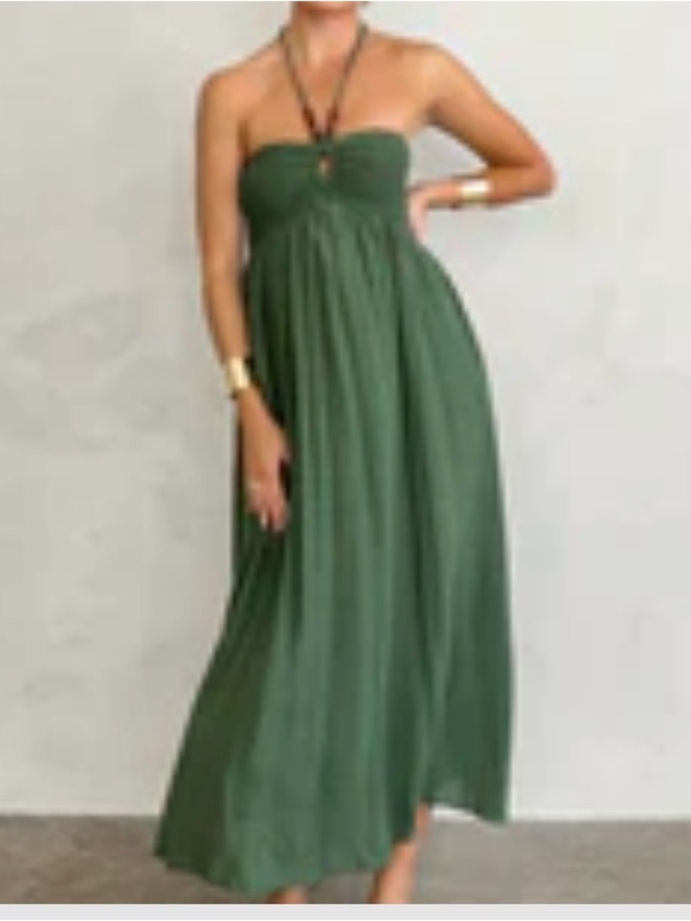 NEW! 
Olive Green Halter Dress with Wood Beads and Pockets
Size Medium